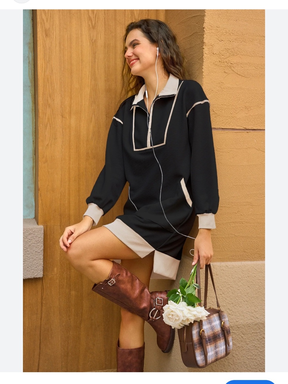 Wenrine Black quarter zip sporty Pullover Dress white Trim elevated Athleisure